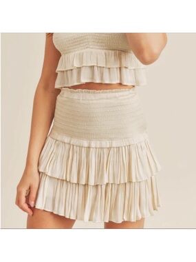 Reset by Jane Silky Amore Satin Cream/Stone Tiered Mini Skirt Medium